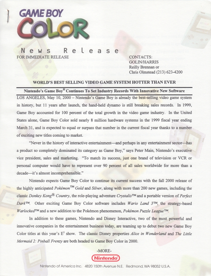 Game Boy Color press release 1, front page Game Boy Color press release 1, front page