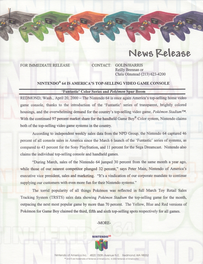 Nintendo 64 press release 1, front page Nintendo 64 press release 1, front page