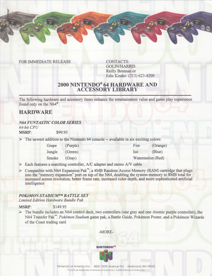 Nintendo 64 press release 2, front page Nintendo 64 press release 2, front page
