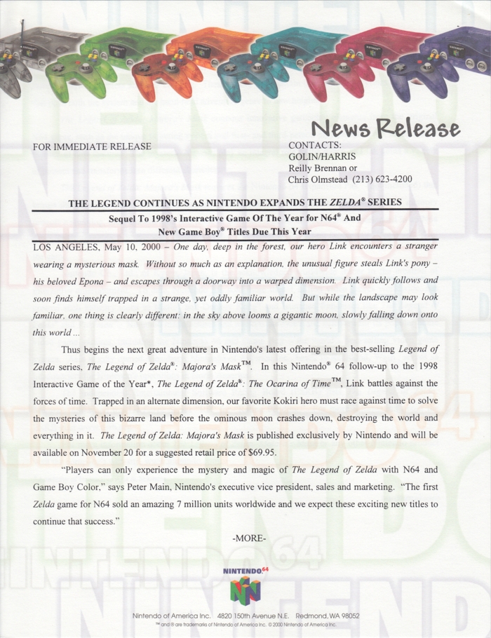 Nintendo 64 press release 4, front page Nintendo 64 press release 4, front page
