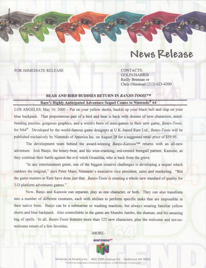Nintendo 64 press release 6, front page Nintendo 64 press release 6, front page