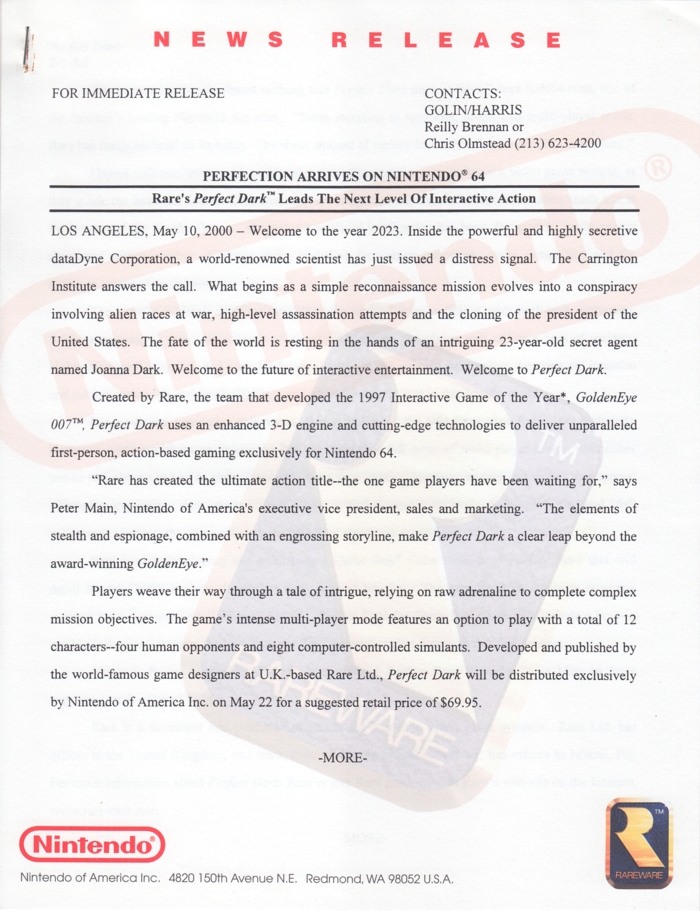 Nintendo 64 press release 7, front page Nintendo 64 press release 7, front page