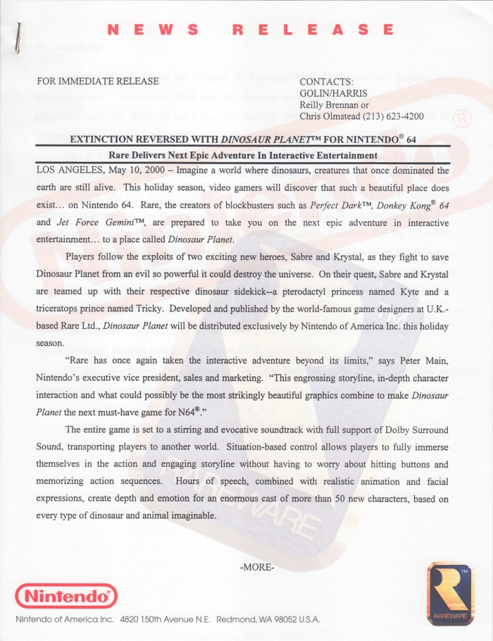 Nintendo 64 press release 8, front page Nintendo 64 press release 8, front page