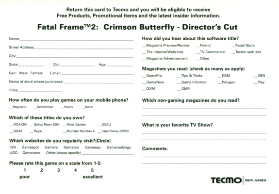 Back of English survey card