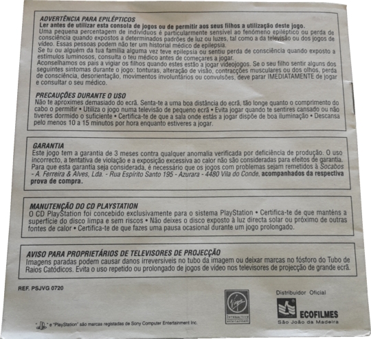 Back of Portuguese manual