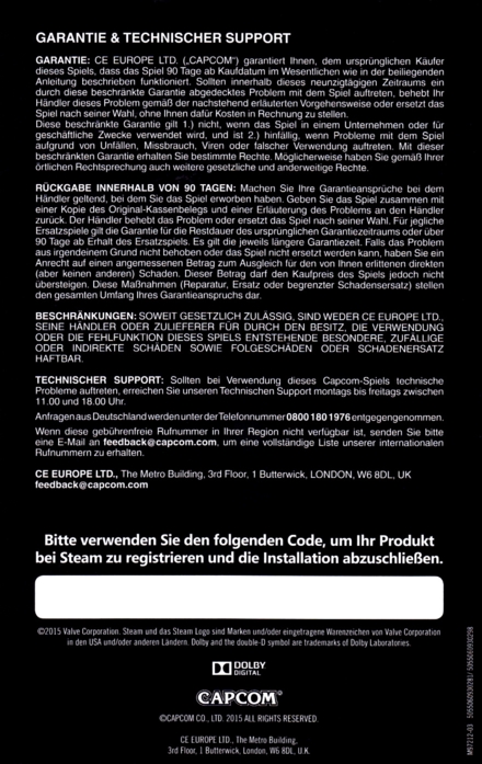 Back of manual (censored Steam key)